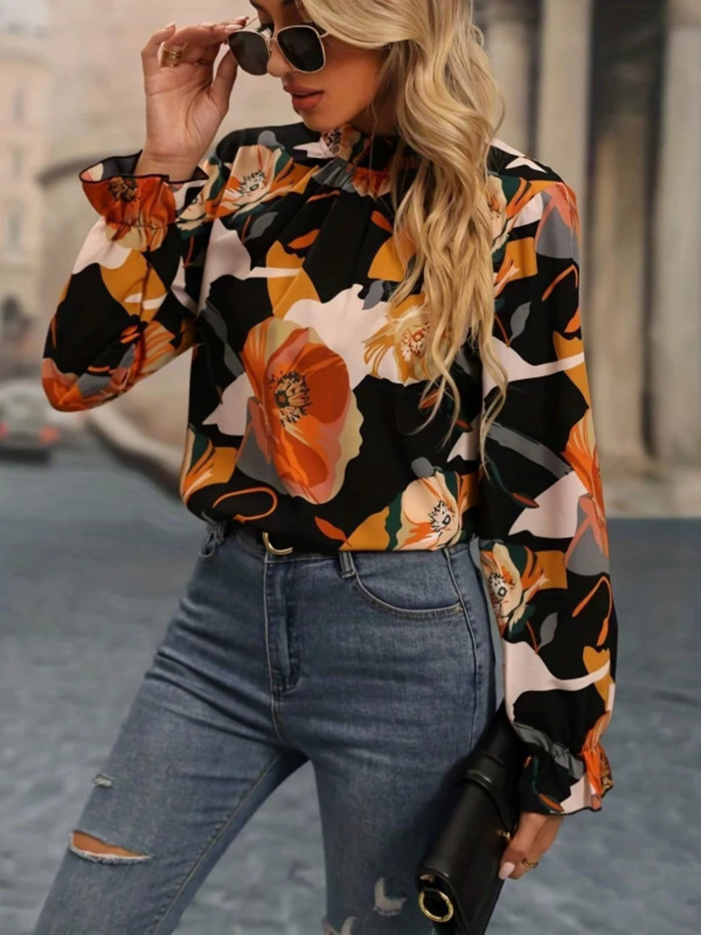 ZARA Printed Turtleneck Button Ruffled Long Sleeve Blouse